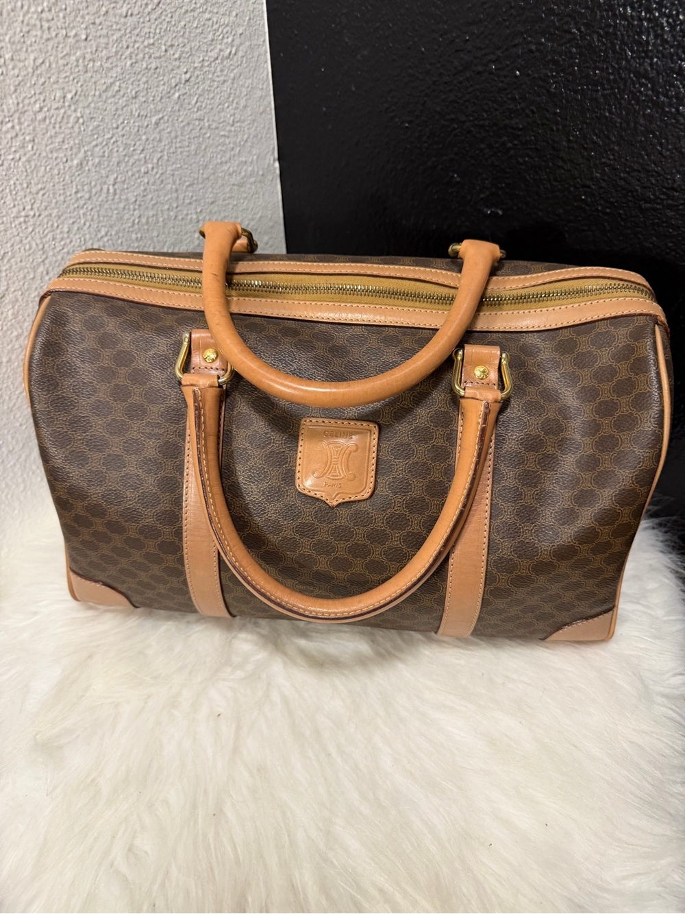 Classic Brown Patterned Leather Travel Satchel - Brown